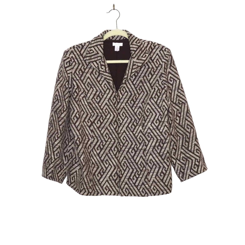 CHICO'S Women's Size 2/L Geometric Hook & Eye Woven Blazer Brown Business